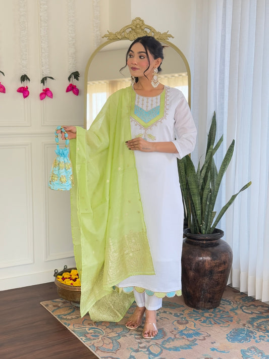 White color viscose chanderi salwar suit with dupatta online