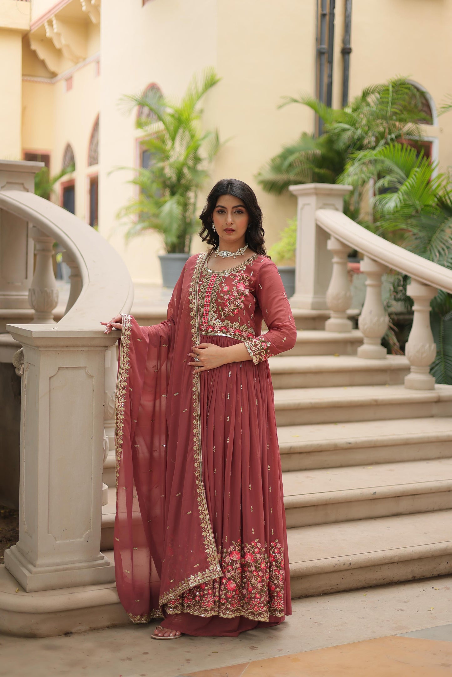 Rust color georgette long sharara suit 