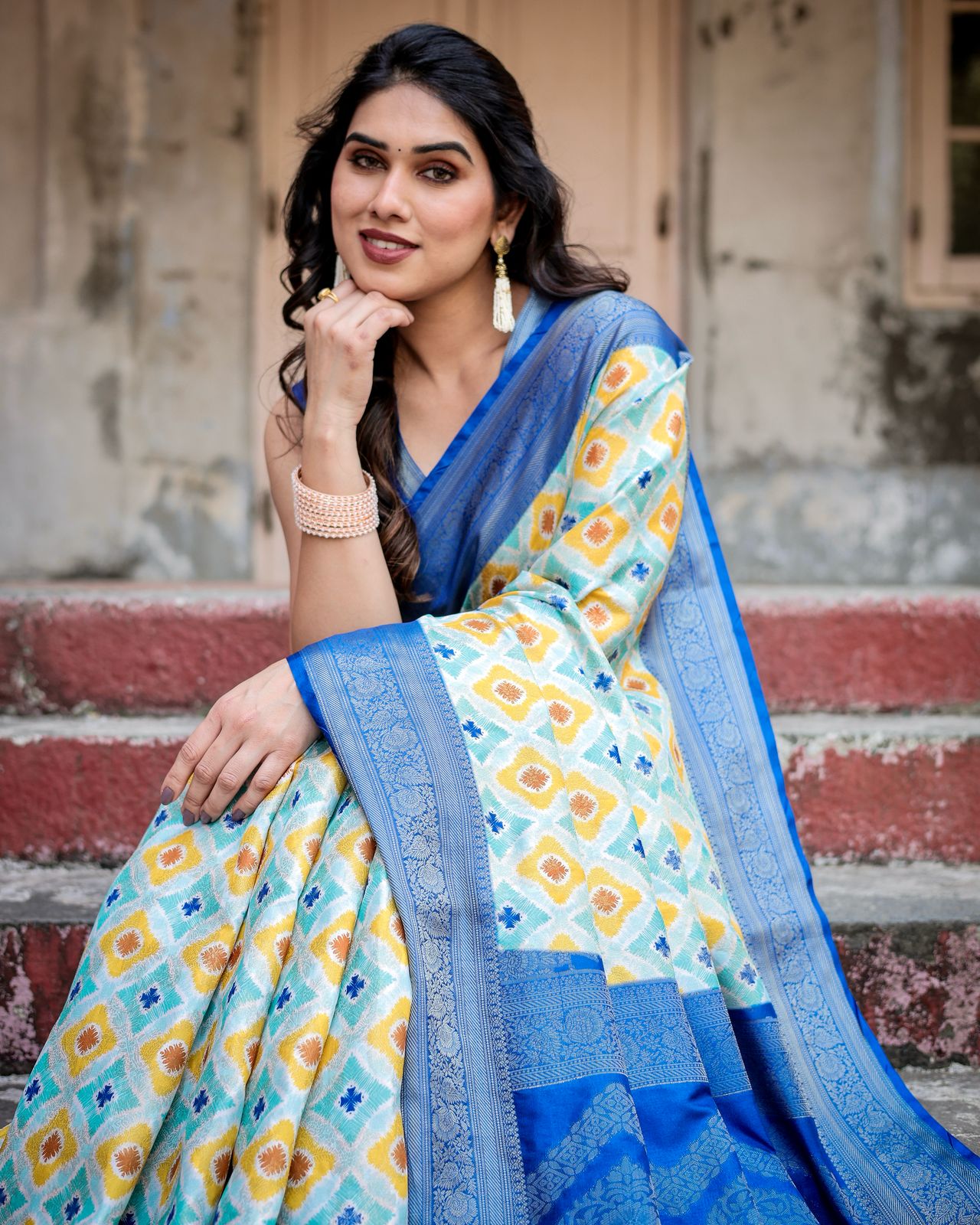 Sky blue color banarasi silk saree with blouse images