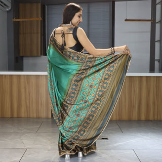 Teal green satin saree for women 