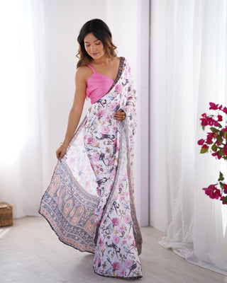 White color chinon saree for women