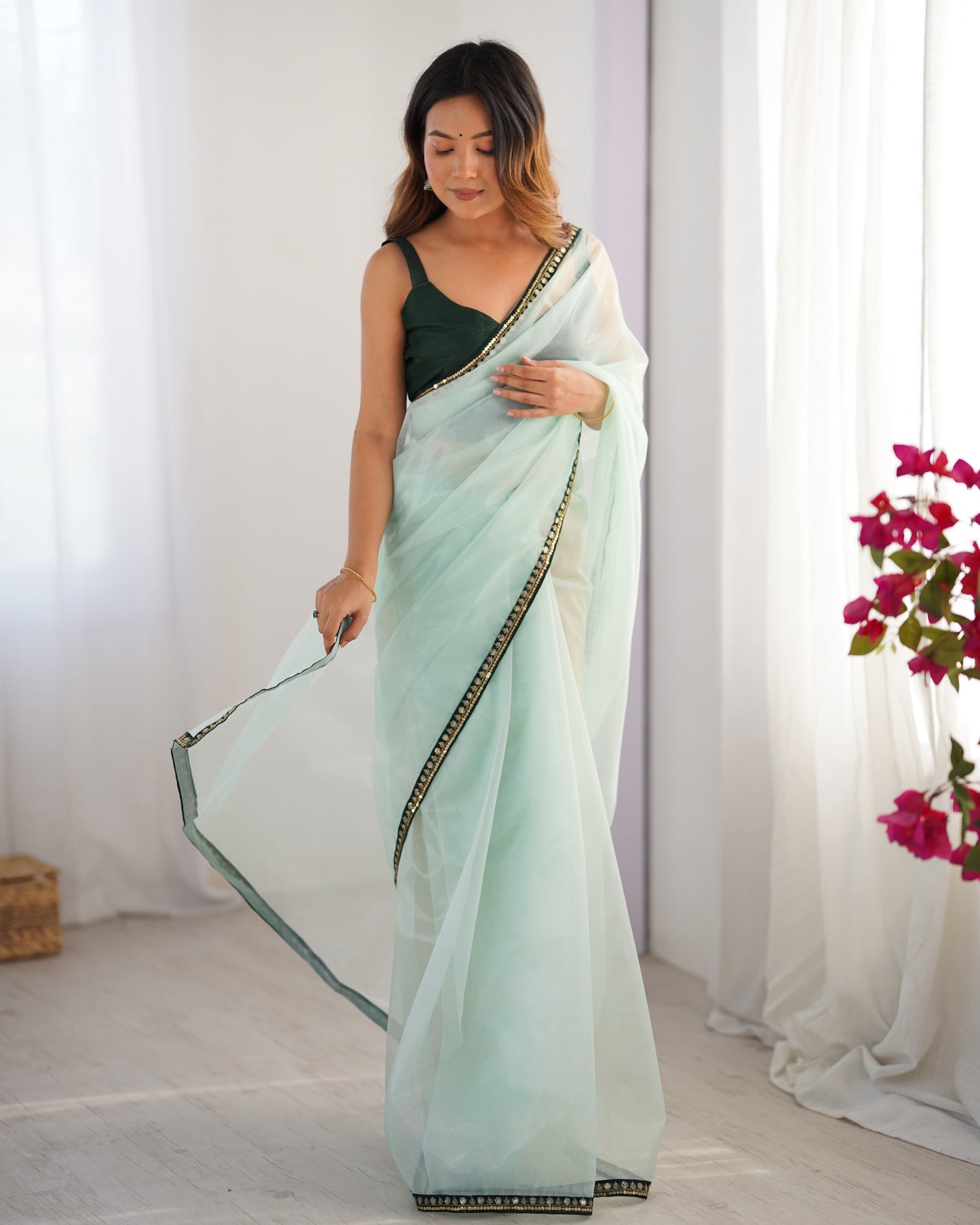 Sea green color twill net saree for women