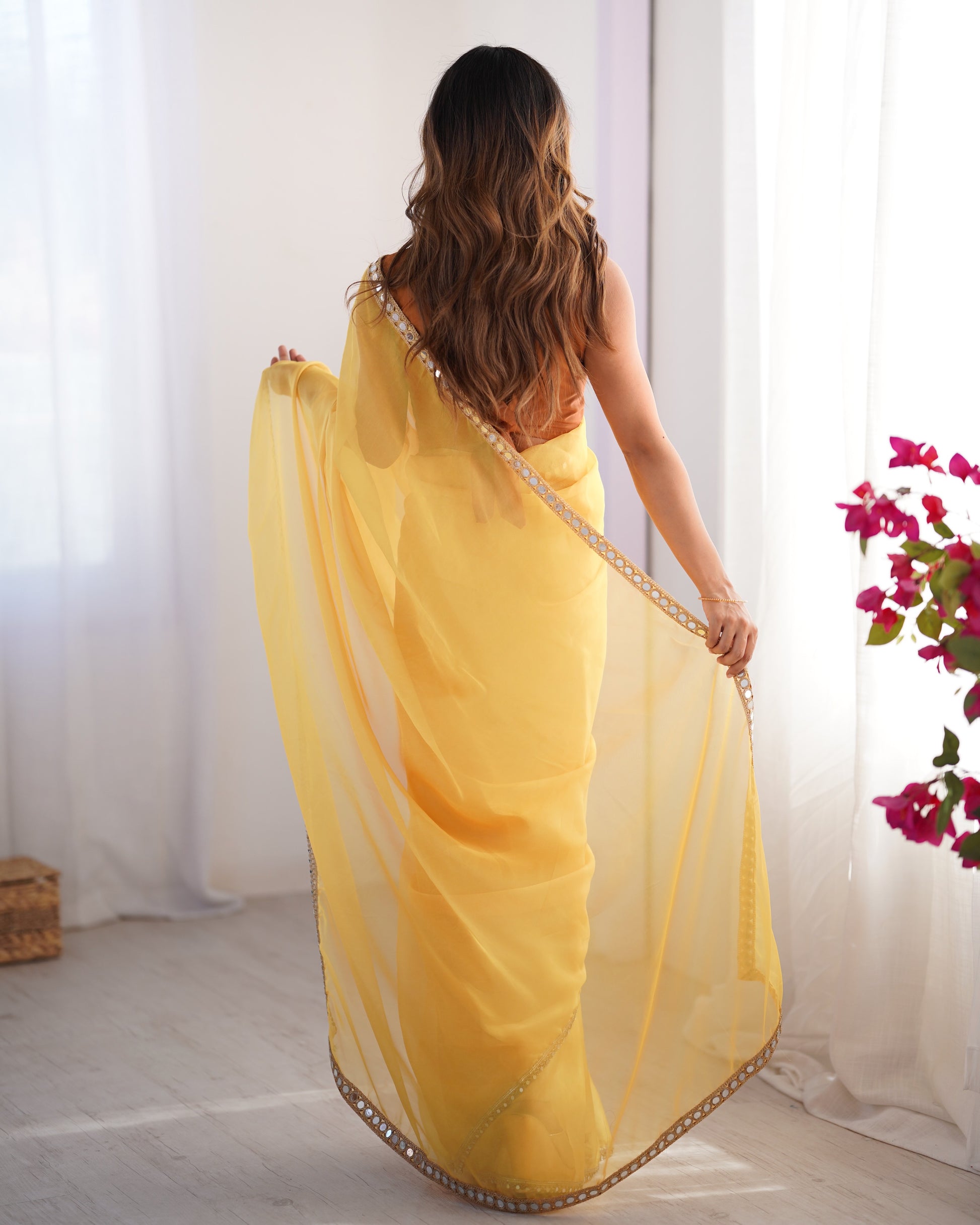 Yellow color organza saree with blouse online shopping