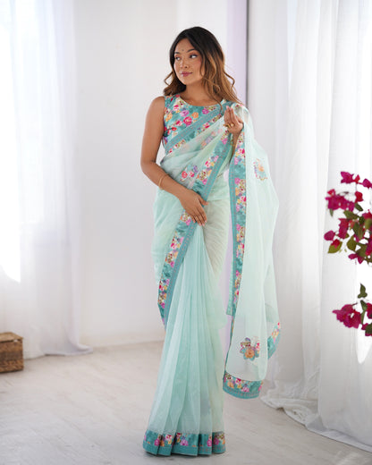 Sky color organza saree for women
