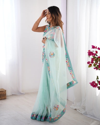 Sky color organza saree with blouse online
