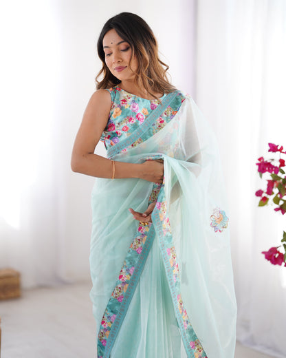 Sky color organza saree with blouse online shopping