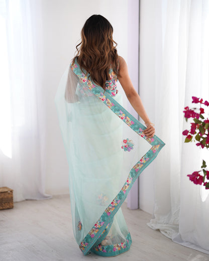 Sky color organza saree with blouse online