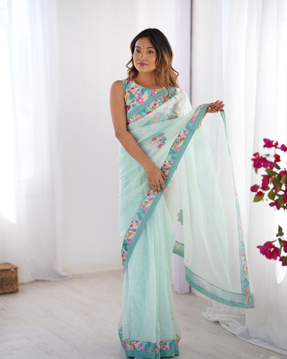 Sky color organza saree for wedding