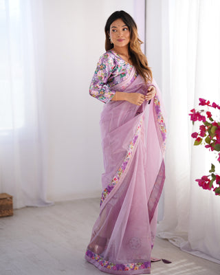Purple color organza saree for women