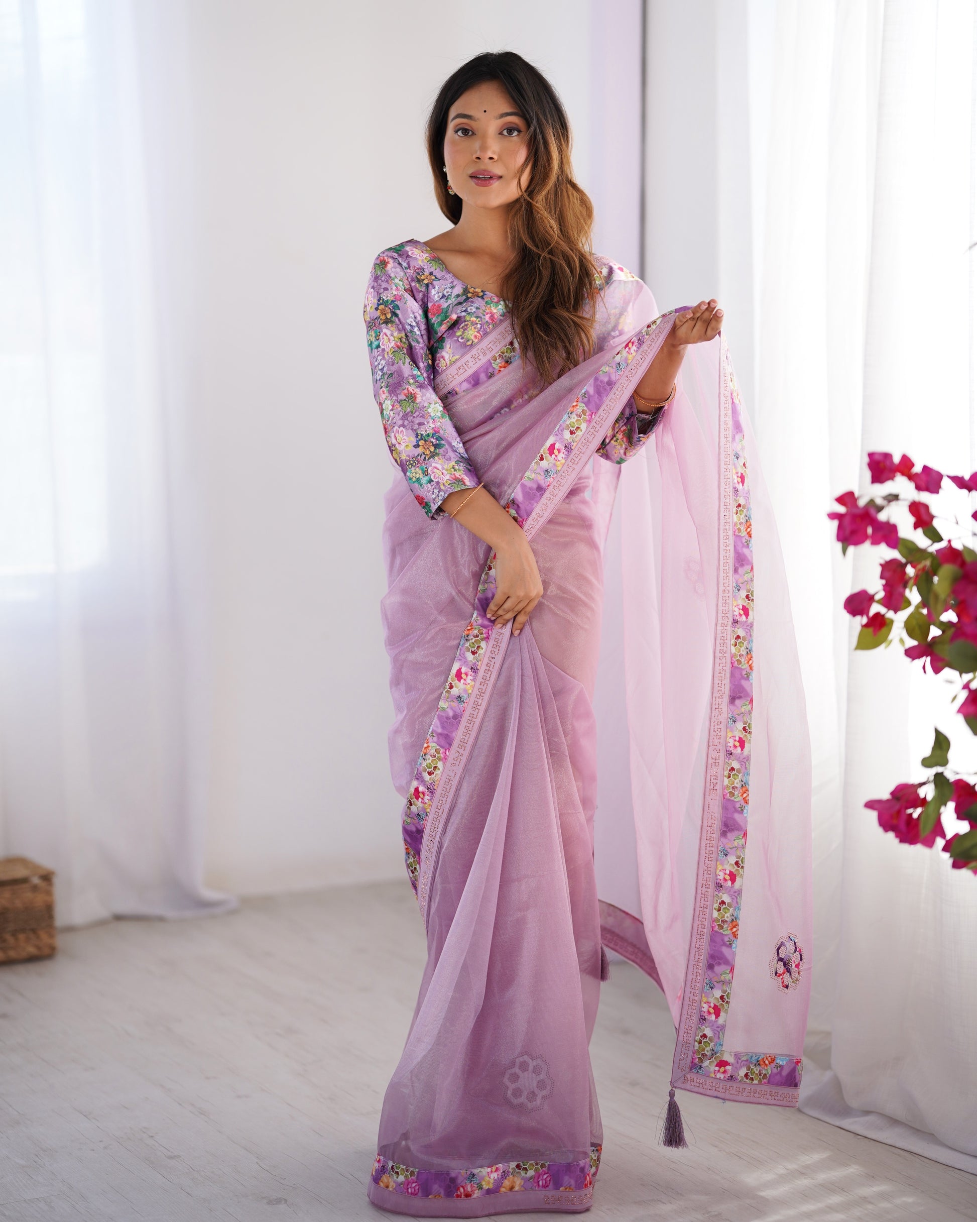 Purple color organza saree with blouse images