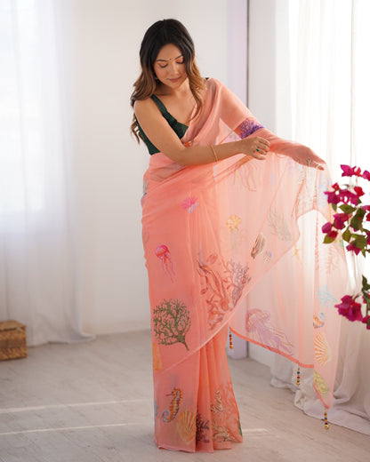 Peach color organza saree for women