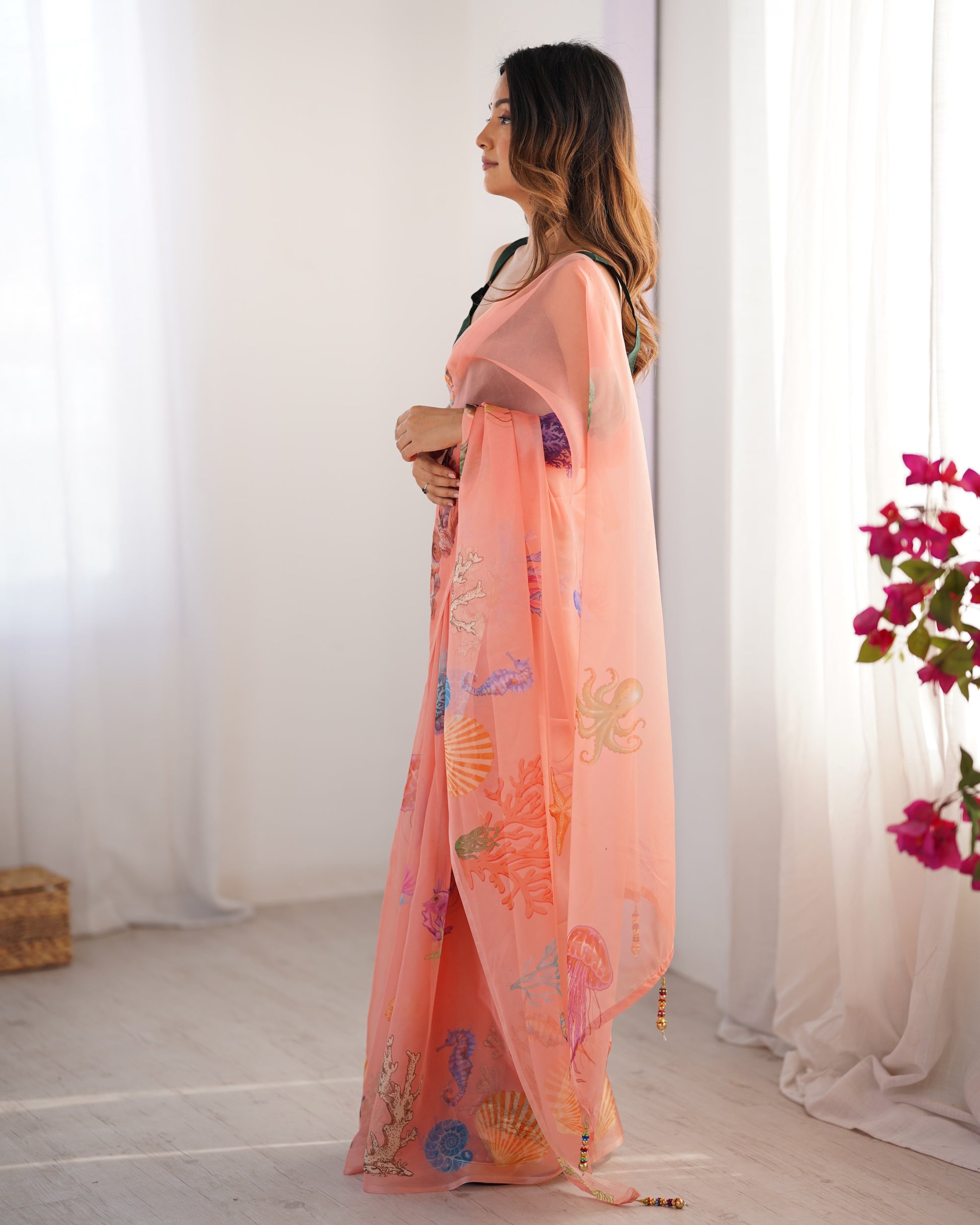 Peach color organza saree online shopping