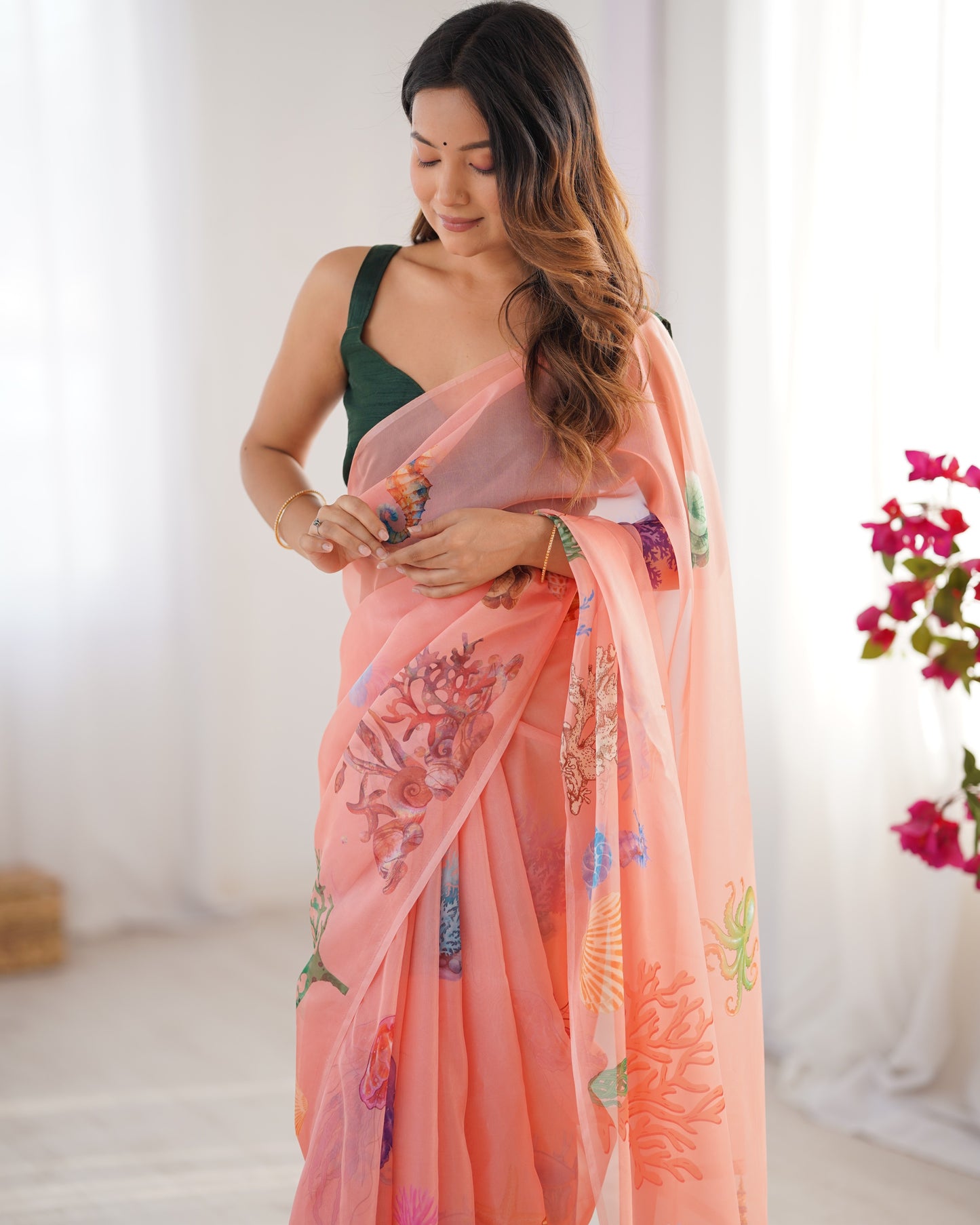 Peach color organza saree with blouse images