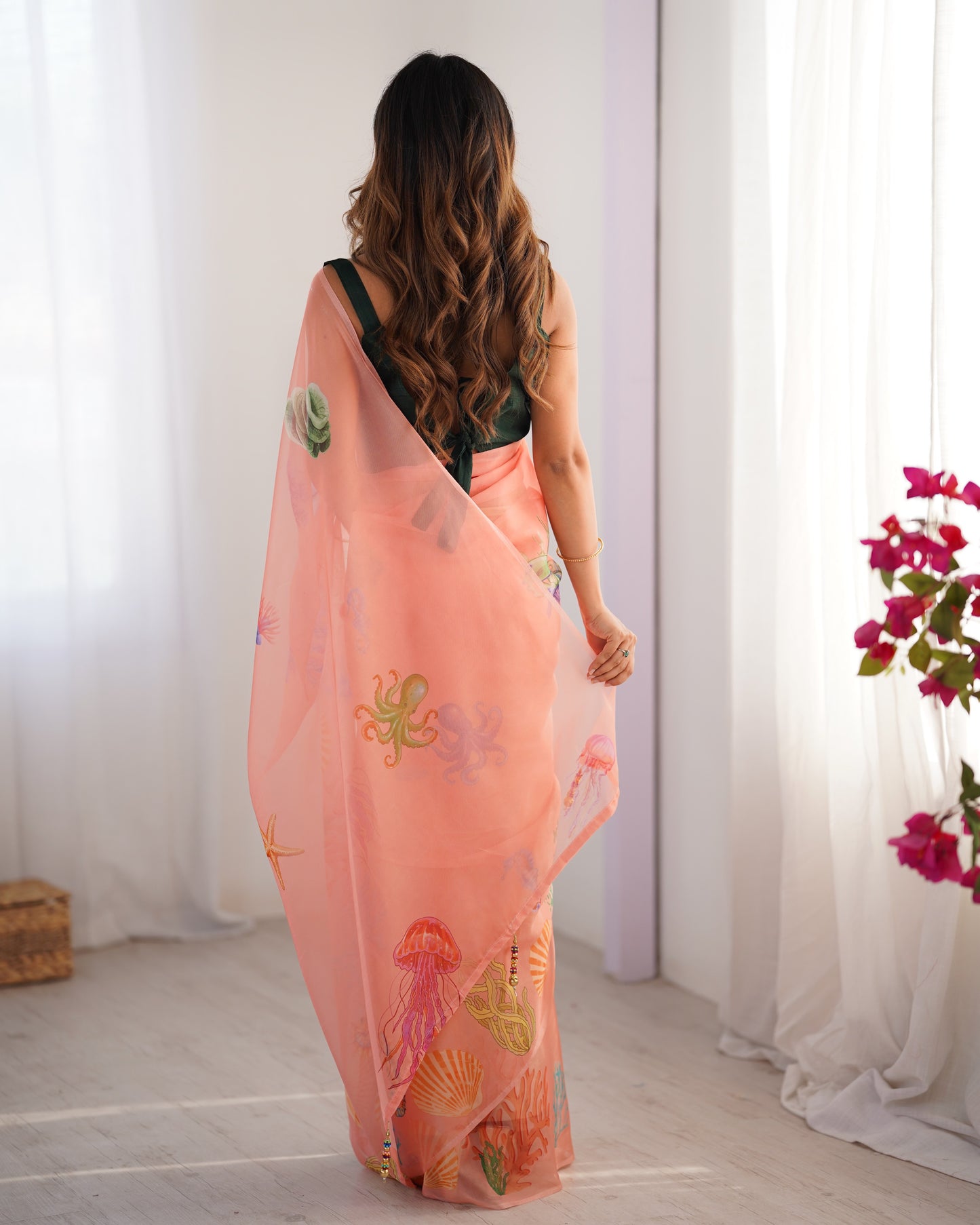 Peach color organza saree for wedding