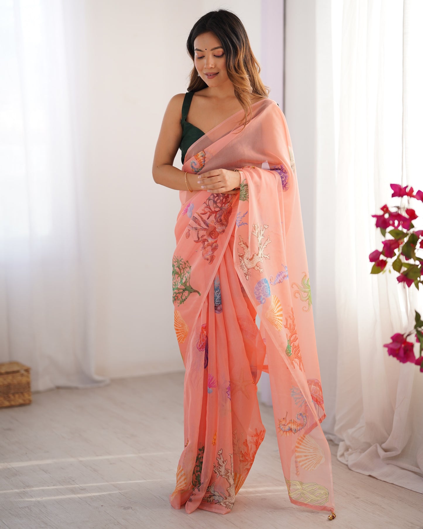 Peach color organza saree with blouse online