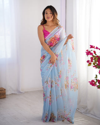 Sky blue color organza saree for women
