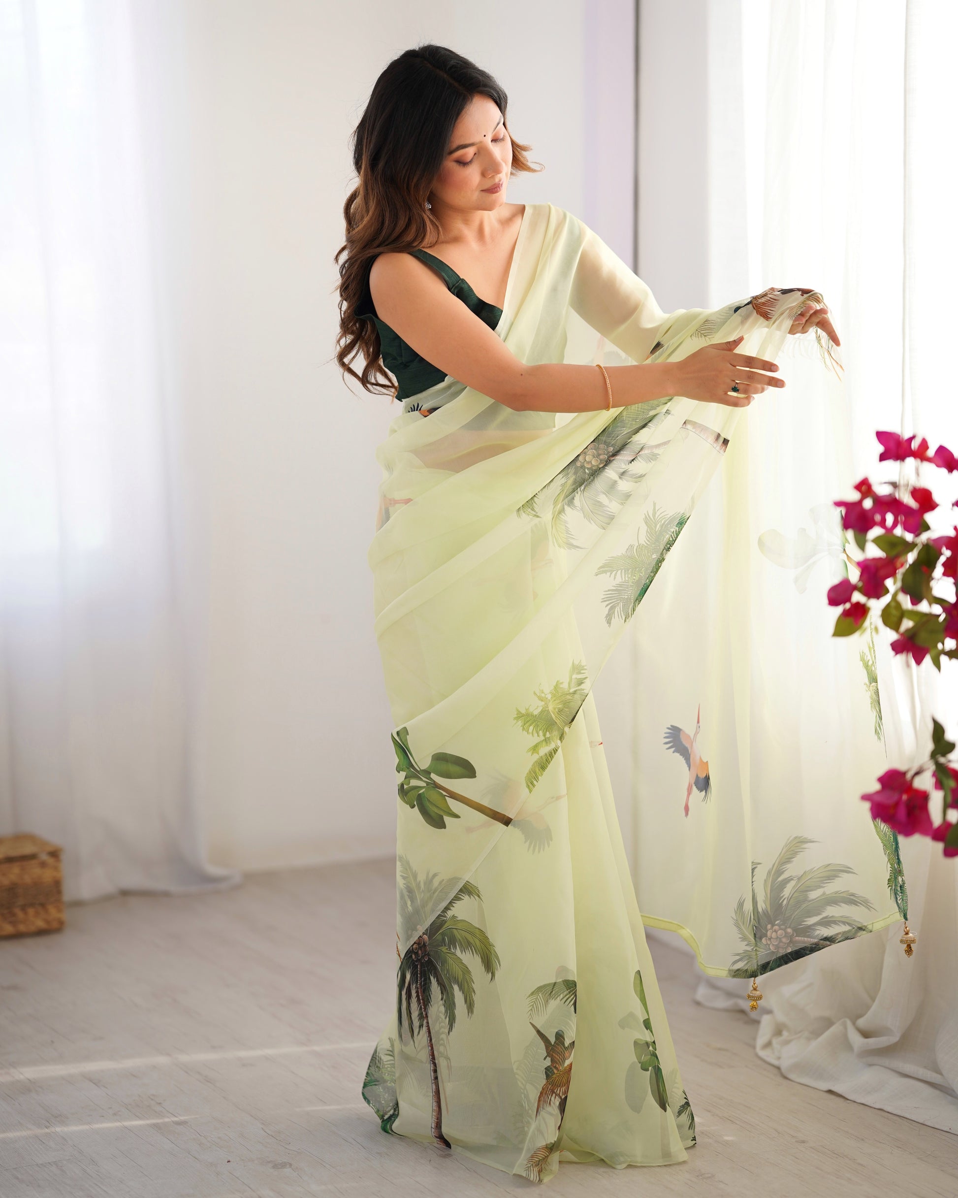 Pista color organza saree with blouse online