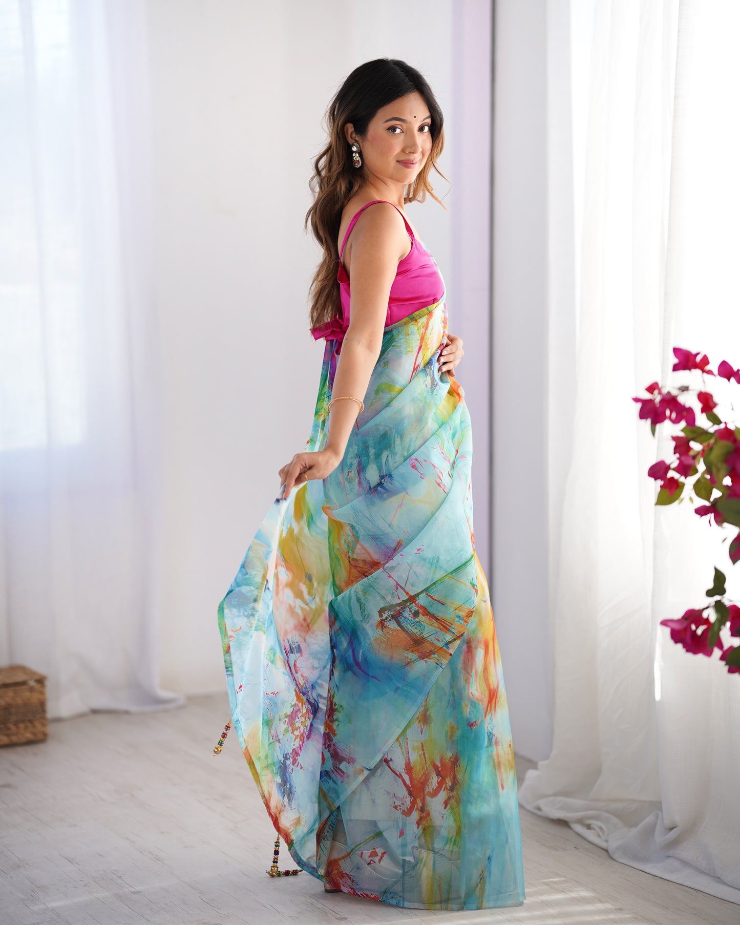 Multi color organza saree for party