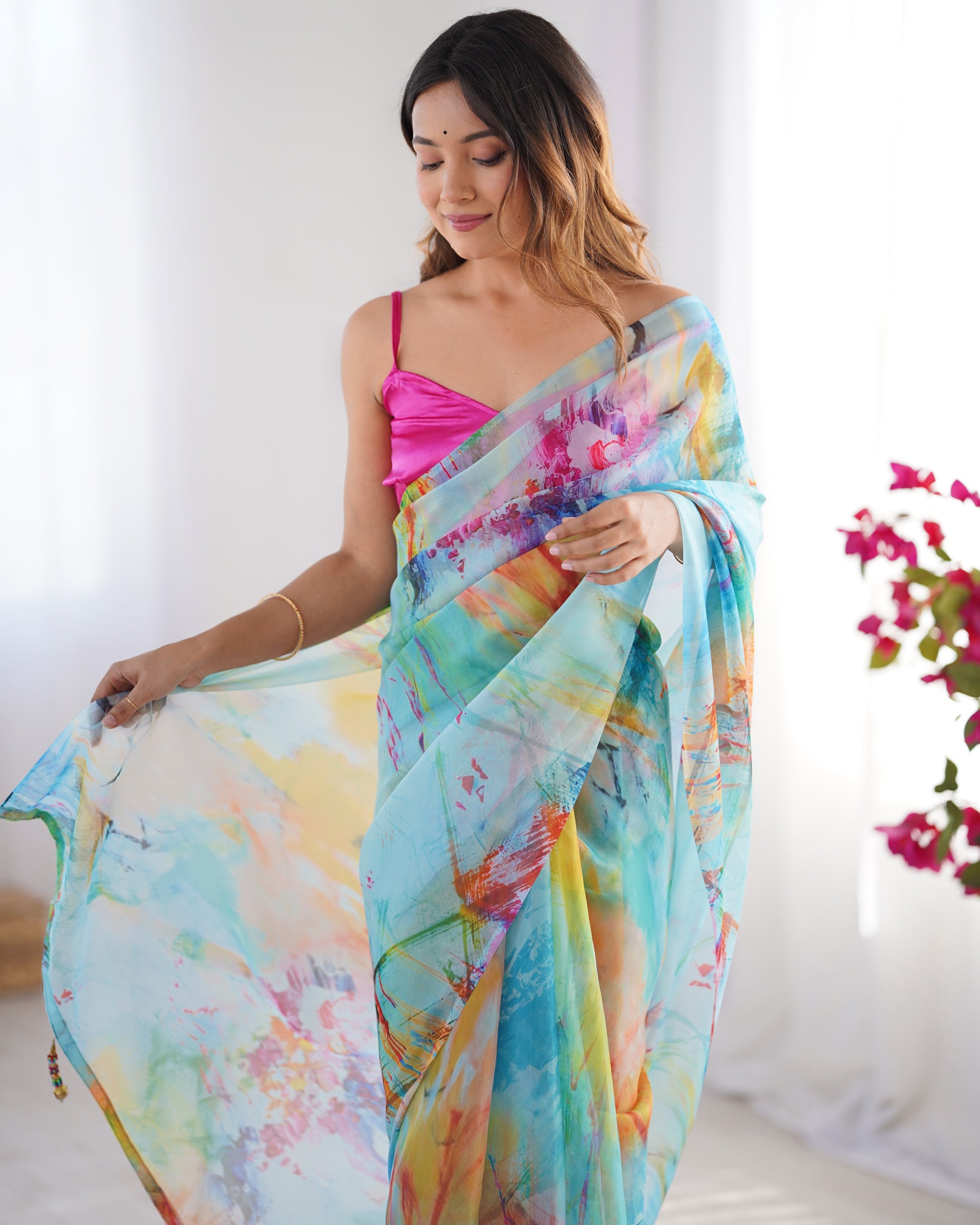 Multi color organza saree with blouse online shopping