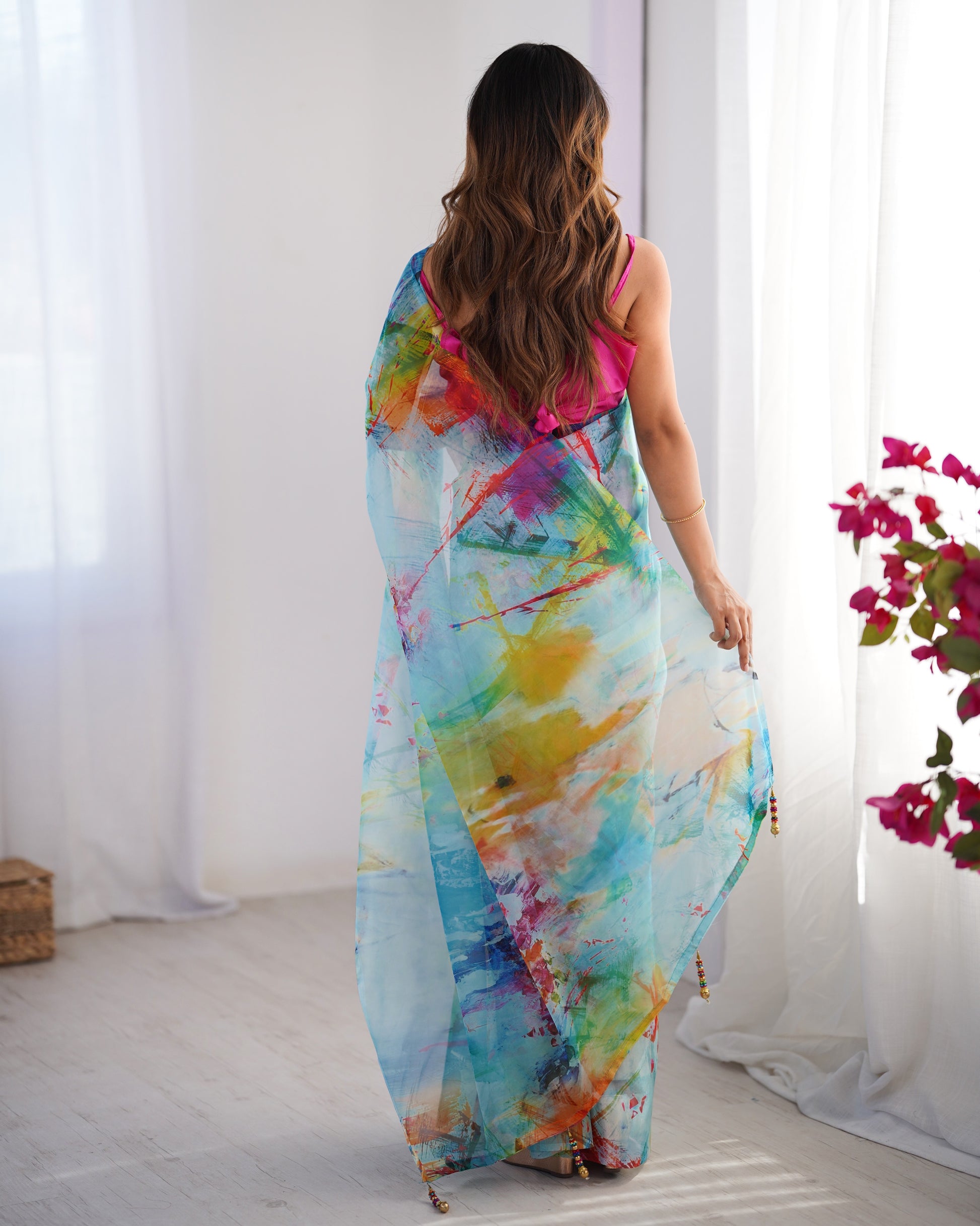 Multi color organza saree with blouse price