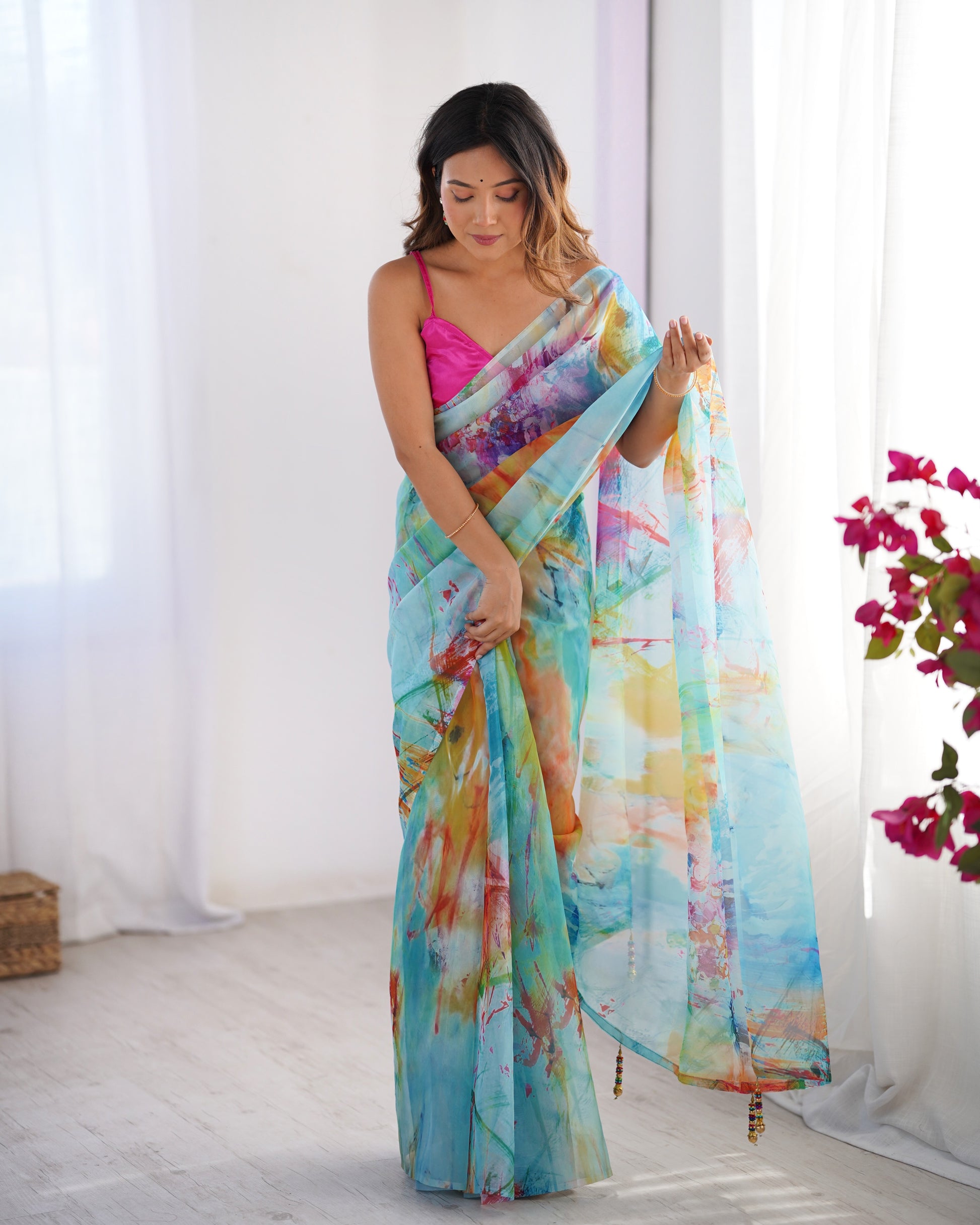 Multi color organza saree for women