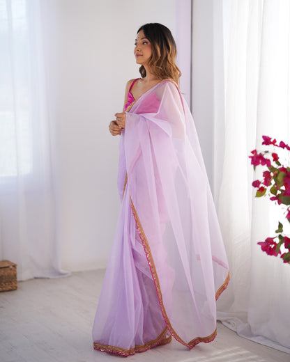 Purple color twill net saree with blouse online