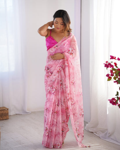 Pink color organza saree for women