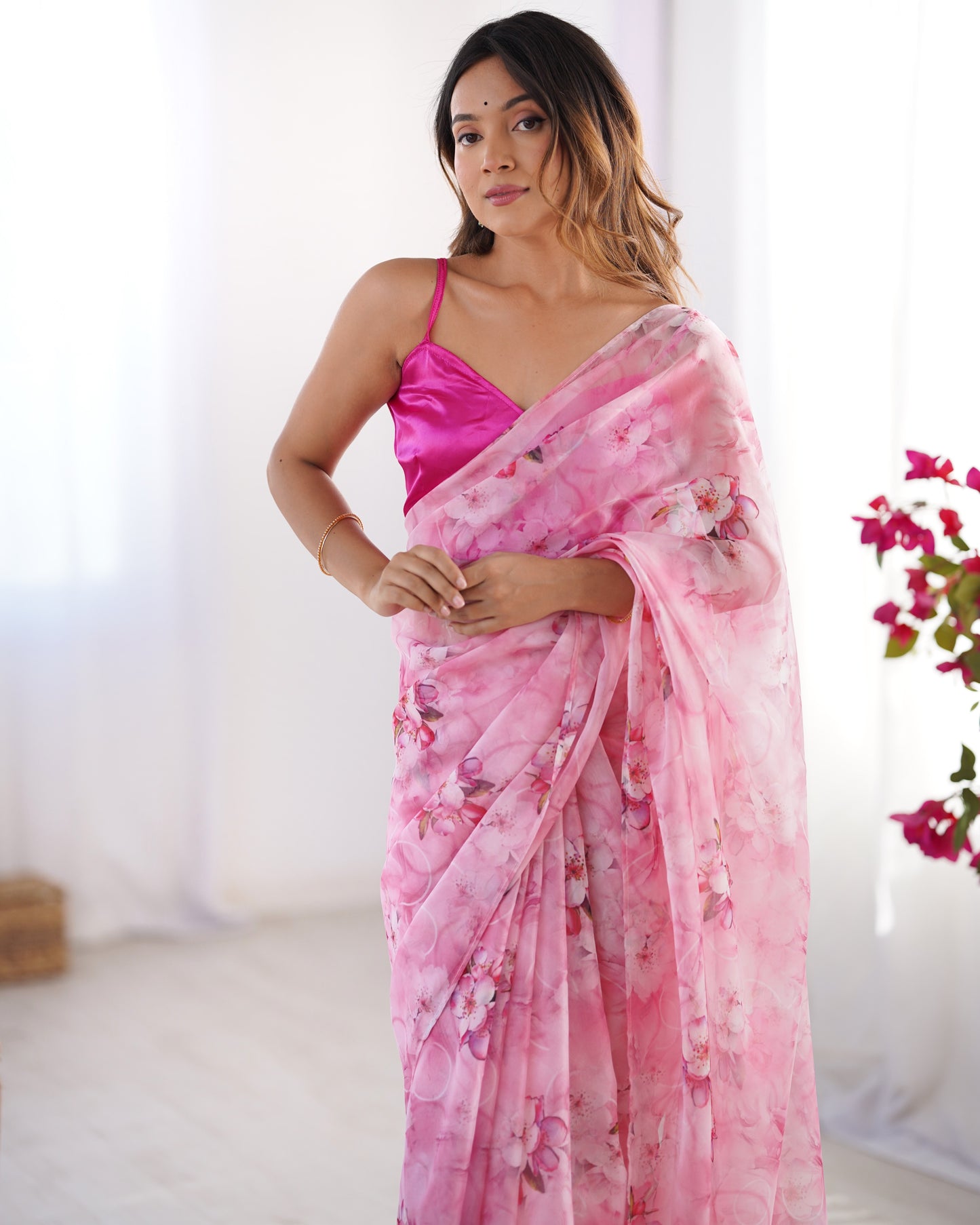 Pink color organza saree with blouse online shopping