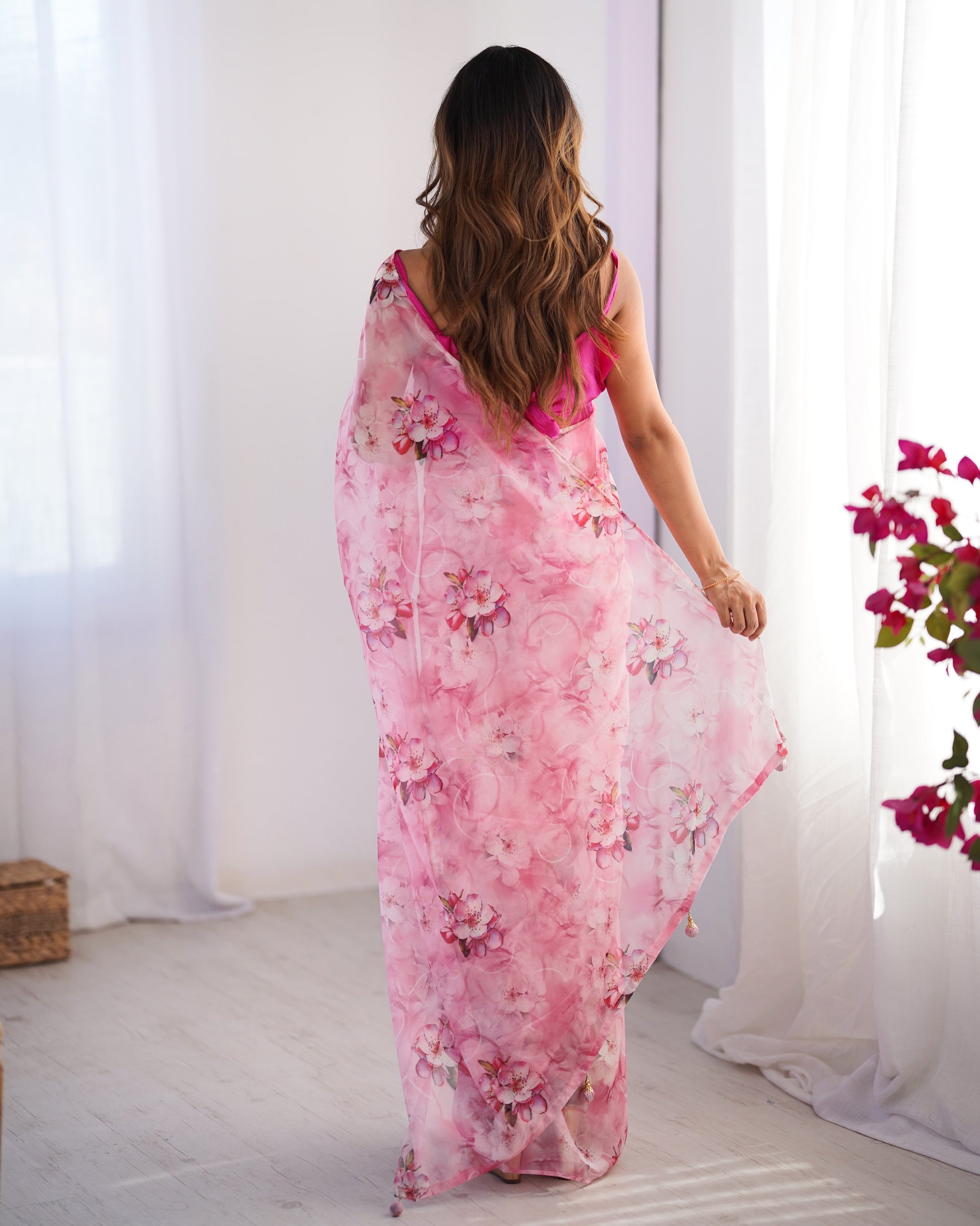 Pink color organza saree with blouse images