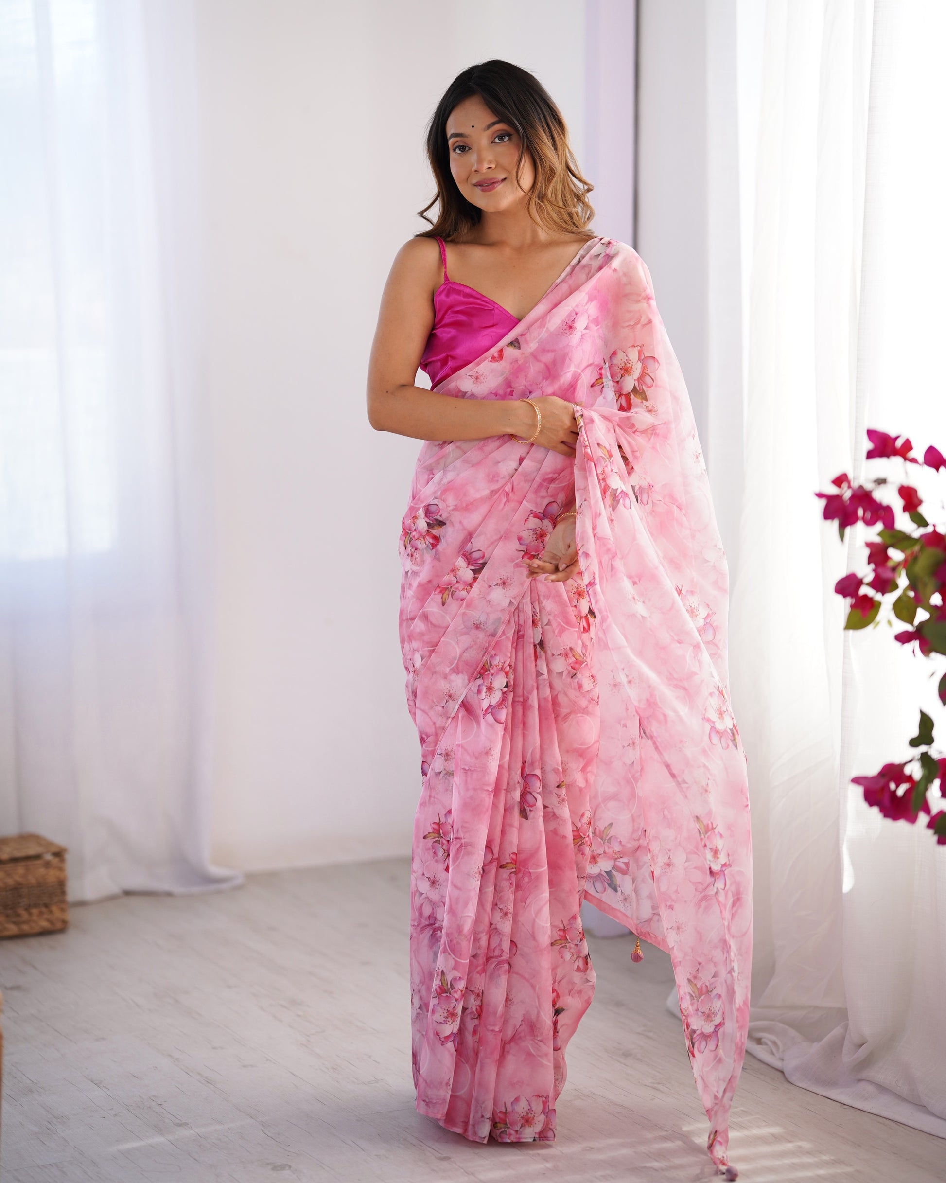 Pink color organza saree with blouse online