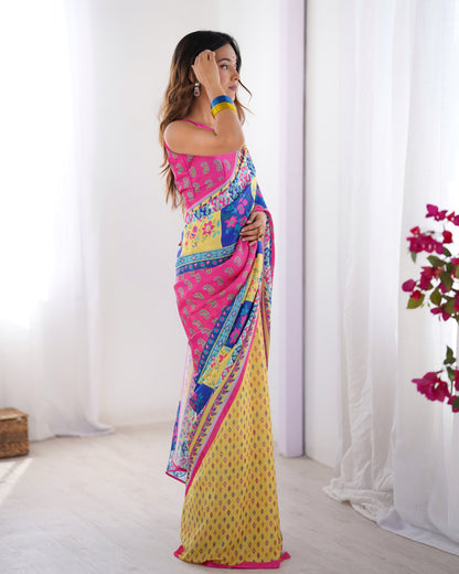 Pink color chinon saree with blouse online shopping