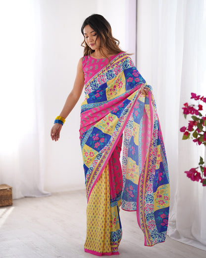 Pink color chinon saree for party