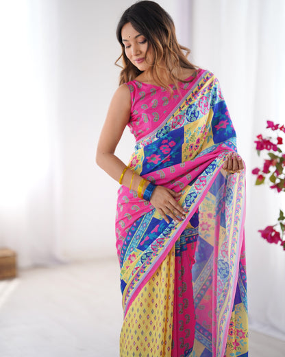 Pink color chinon saree with blouse price