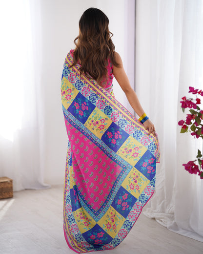 Pink color chinon saree with blouse online