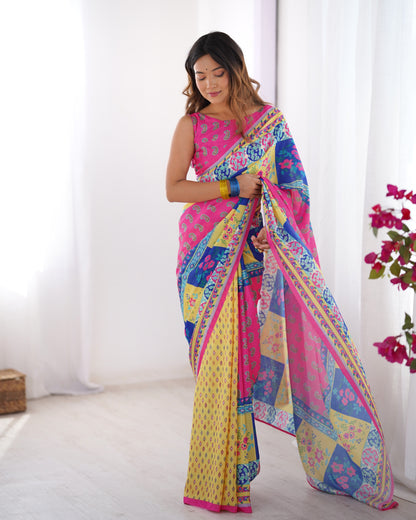 Pink color chinon saree for women