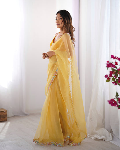 Yellow color jimmy choo saree with blouse online shopping