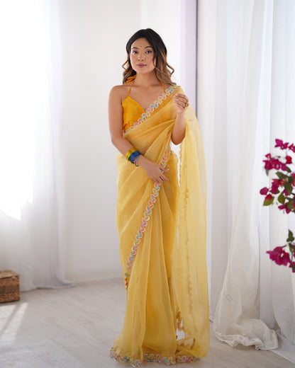 Yellow color jimmy choo saree for women