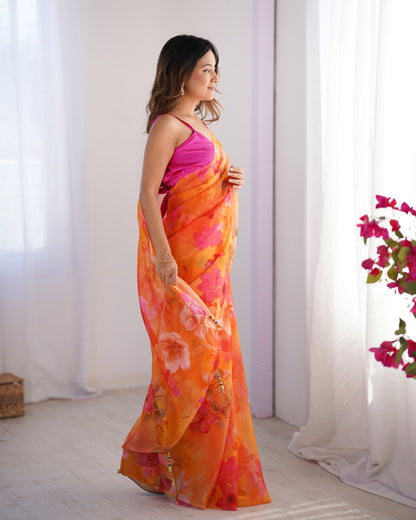 Orange color organza saree with blouse online
