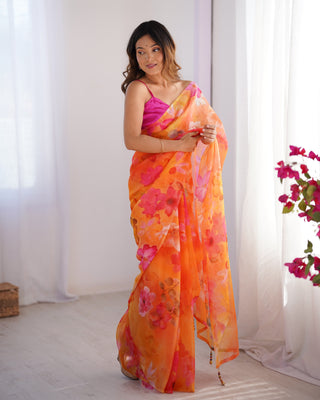Orange color organza saree for women