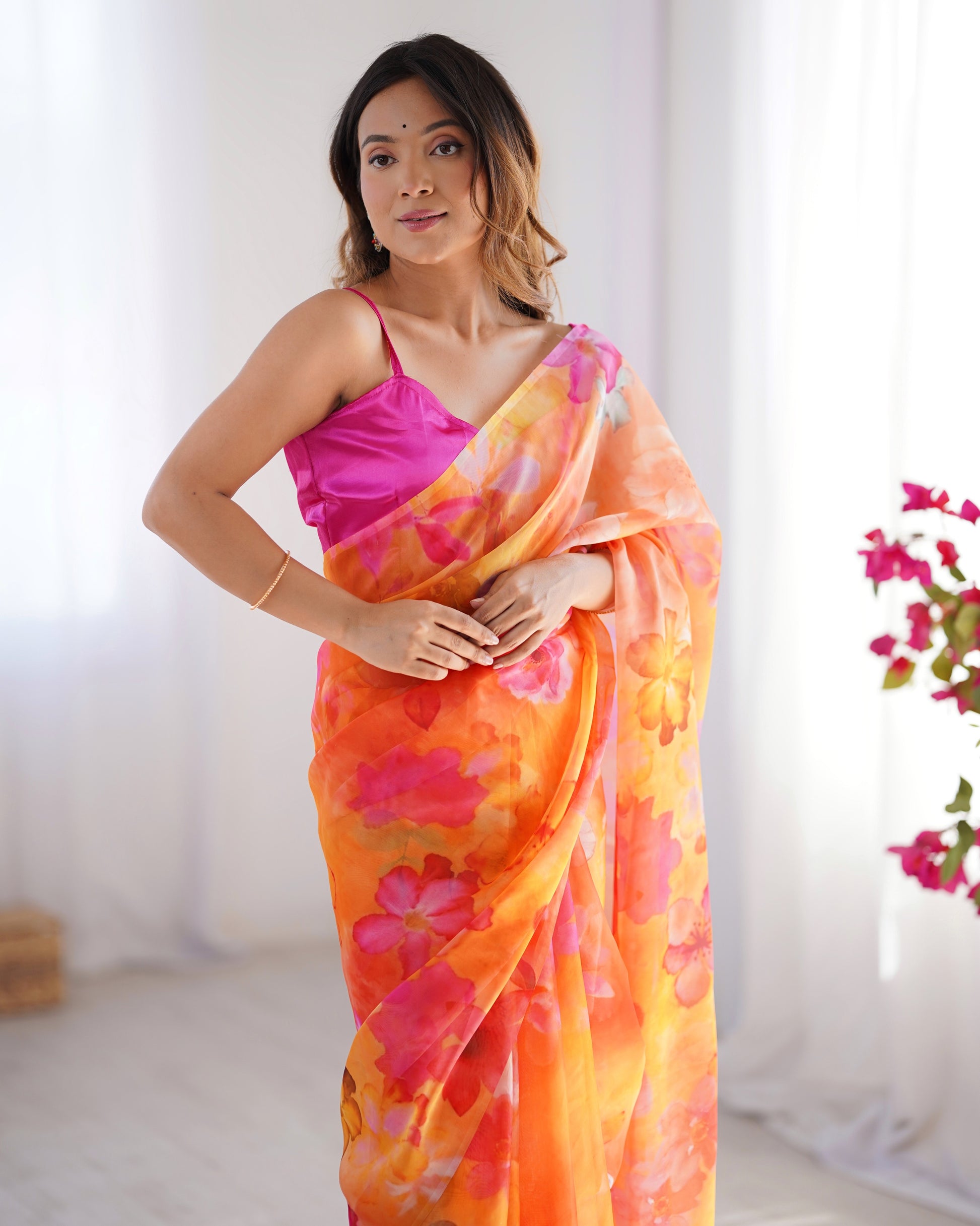 Orange color organza saree with blouse images