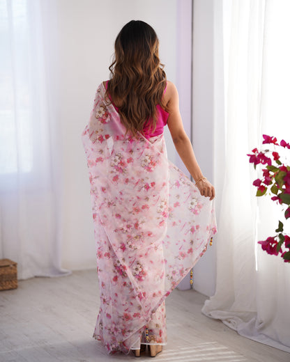 White color organza printed saree with blouse price