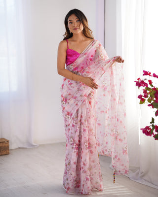 White color organza printed saree for women