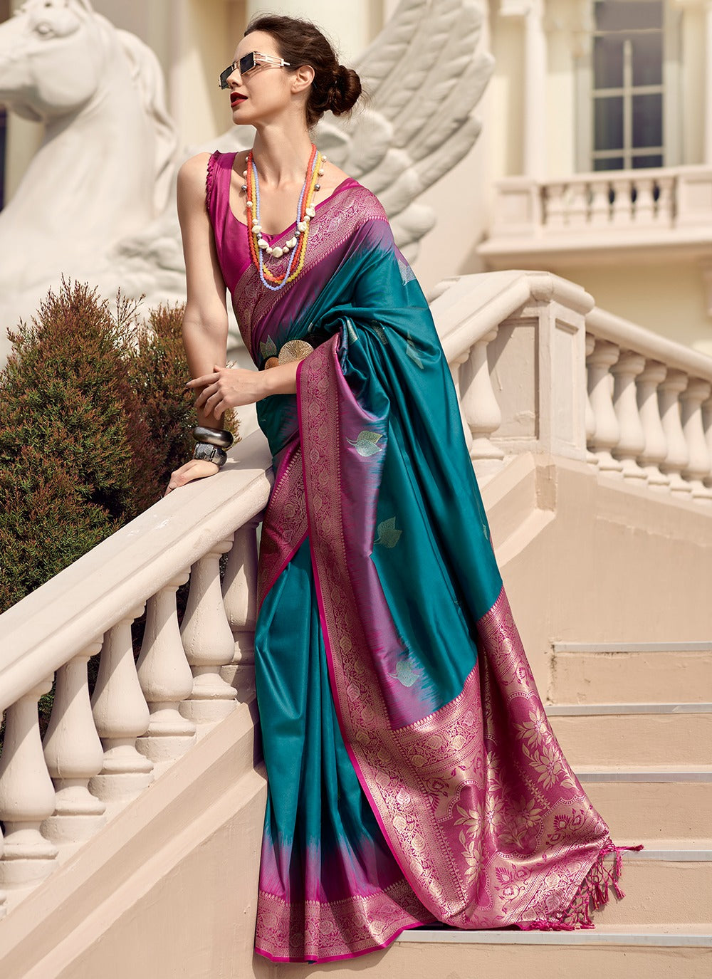 Teal blue color soft silk saree for women price
