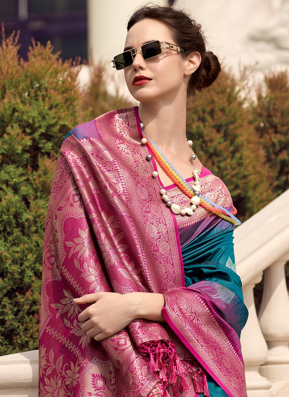 Teal Blue Saree look

