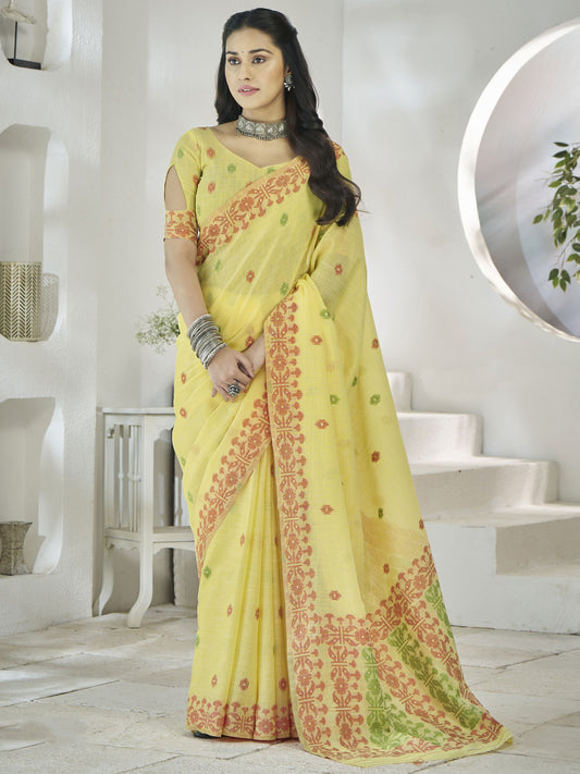 Yellow color linen Saree For Women