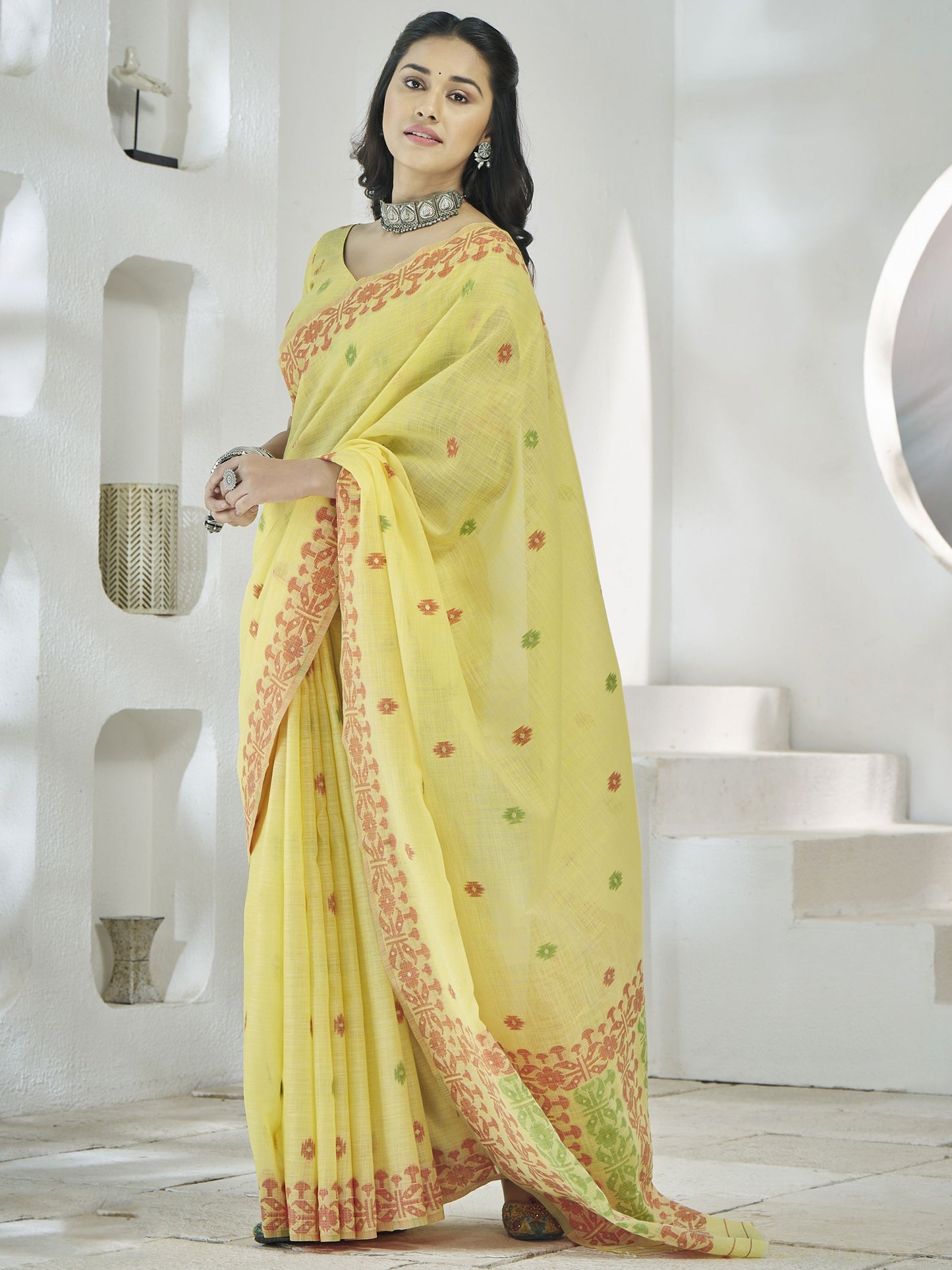 Yellow color linen Saree with blouse online