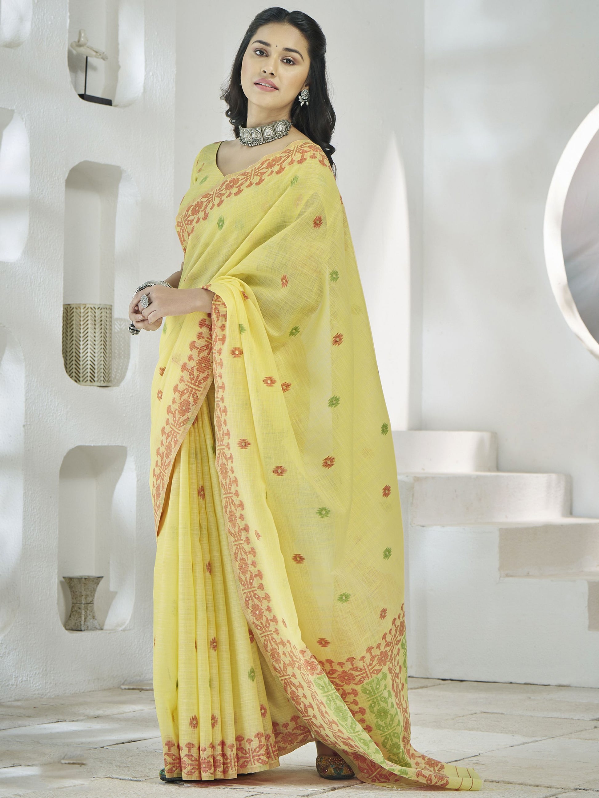Yellow color linen Saree with blouse online