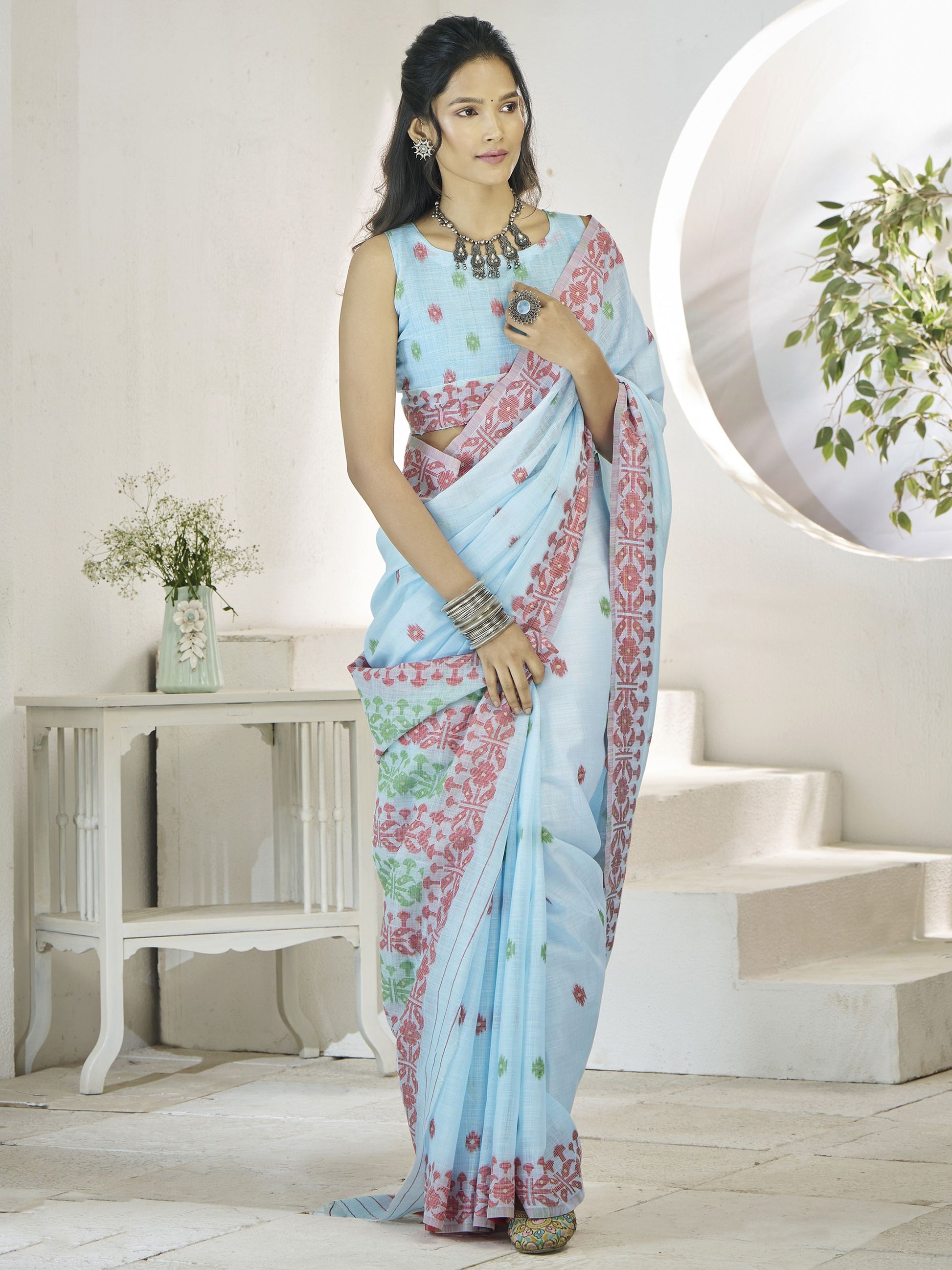 Sky color linen saree with blouse online 