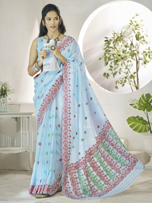 Sky color linen saree for women