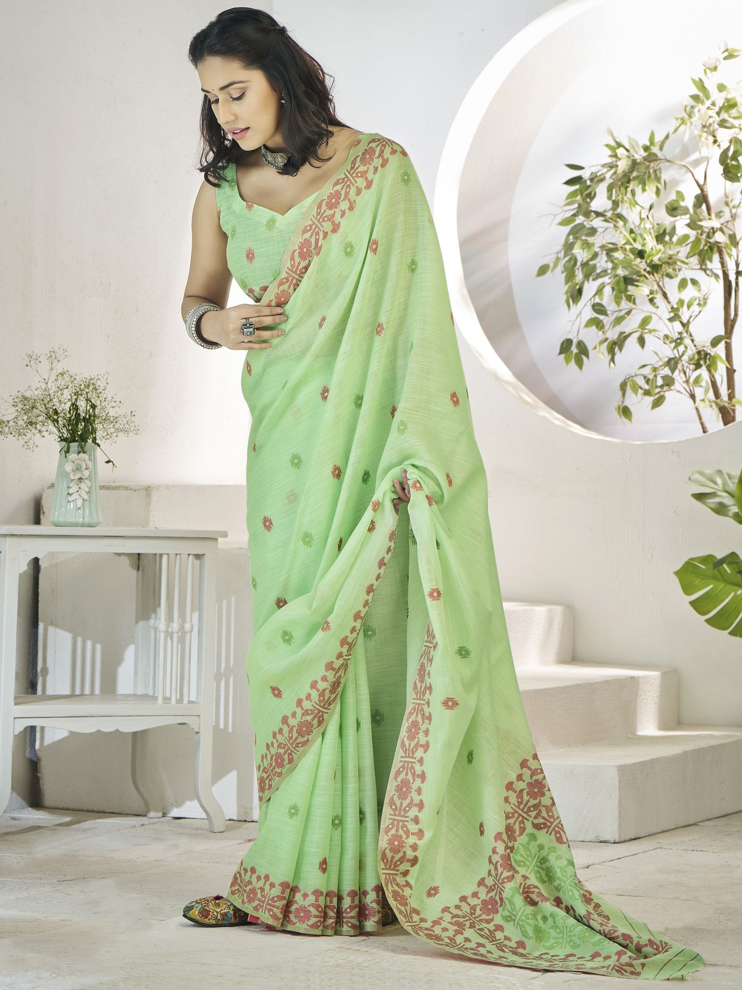 Pista color linen weaving saree for wedding